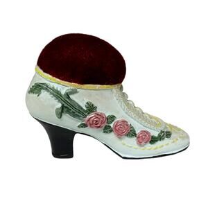 Mini Victorian Shoe Pin Cushion White Pink Roses Sewing Collectible Vintage